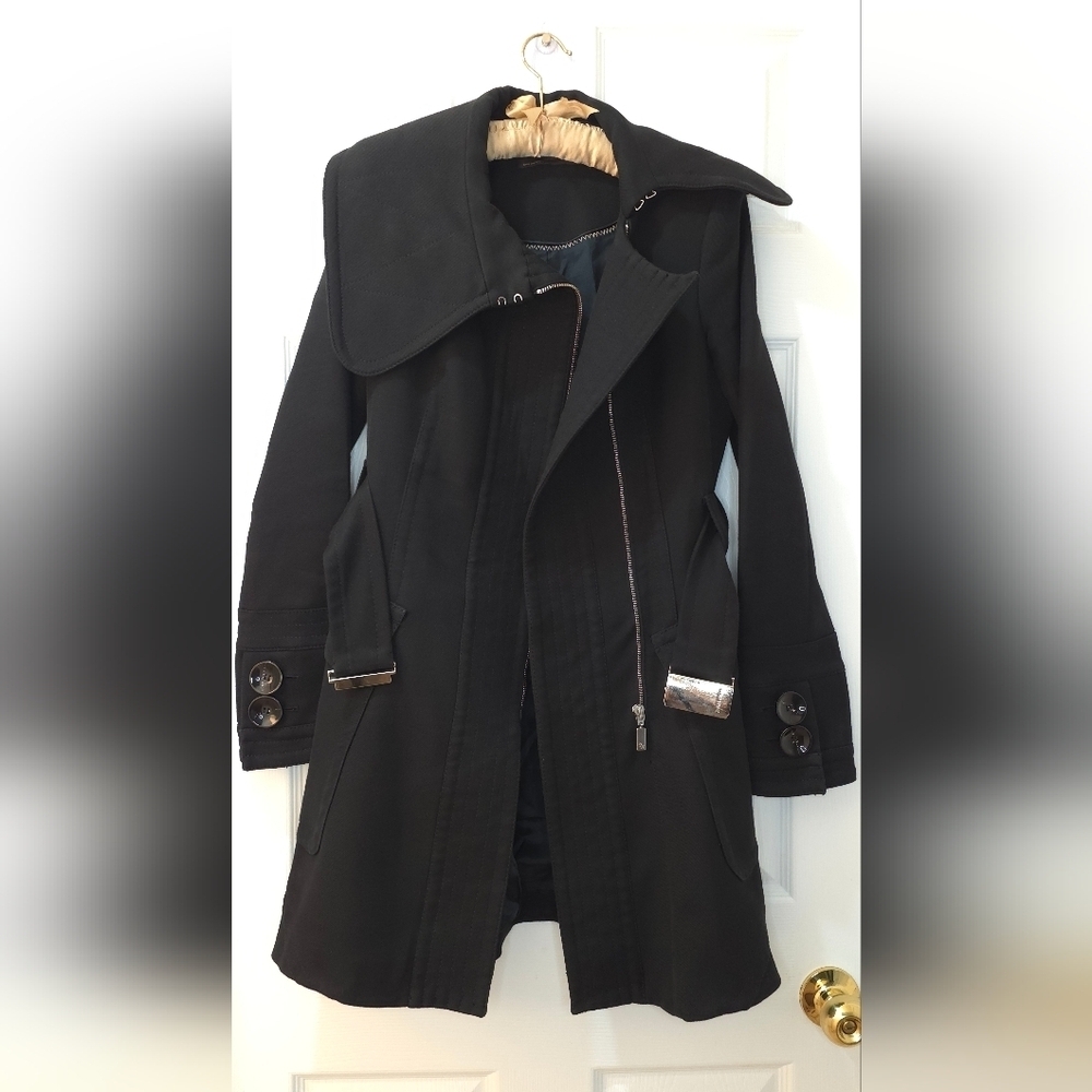 Zara Black Military Style Coat with Silver Buckle Belt Size S Cotton - Picture 5 of 13